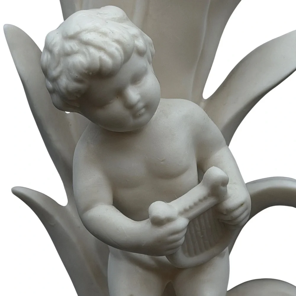 Vtg Mid Century Japan‎ White Bisque Porcelain Cherub Harp Player Bud Vase 5.5 in